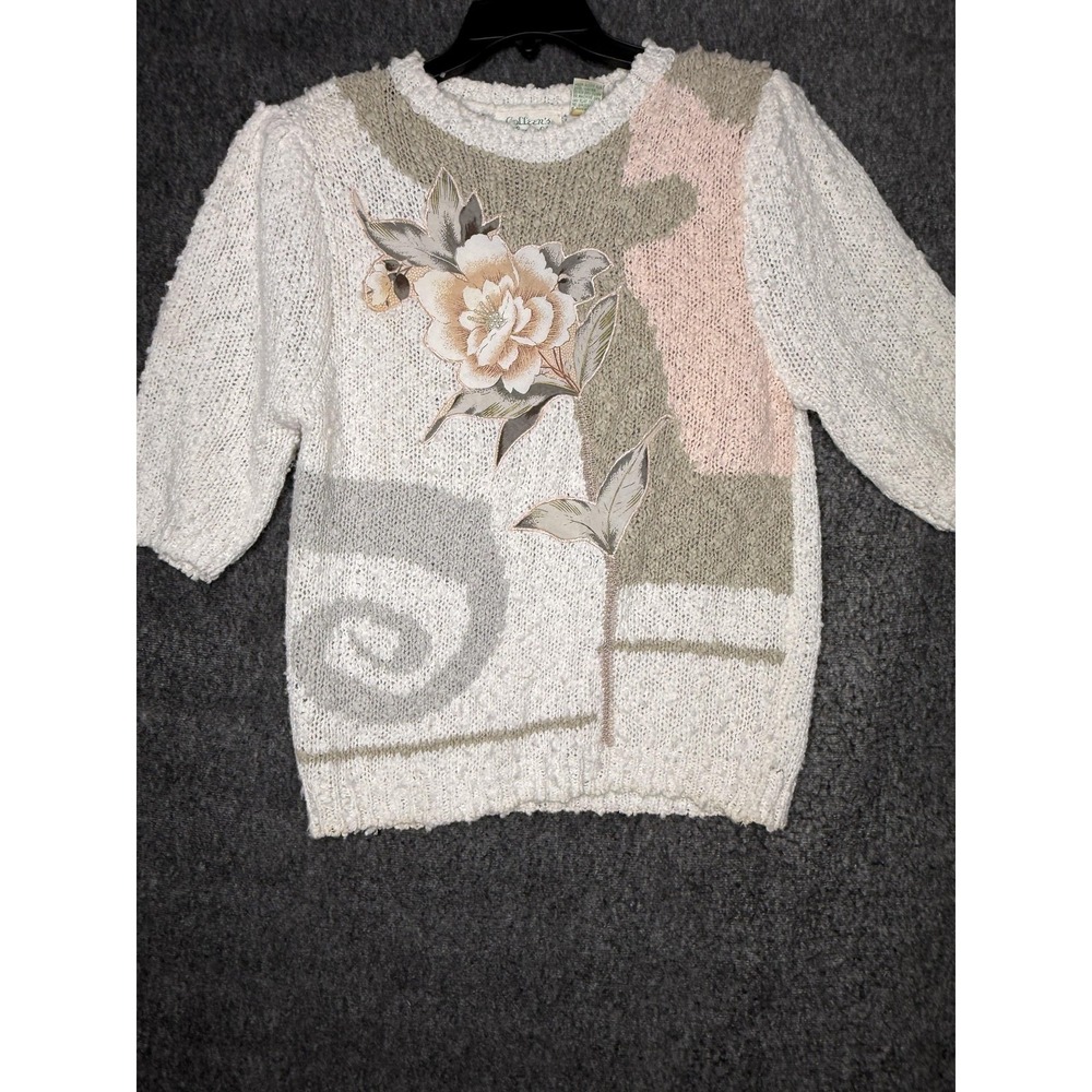 Vintage Colleen's Collectables Sweater Womens 8 White Floral Beaded Pullover 80s